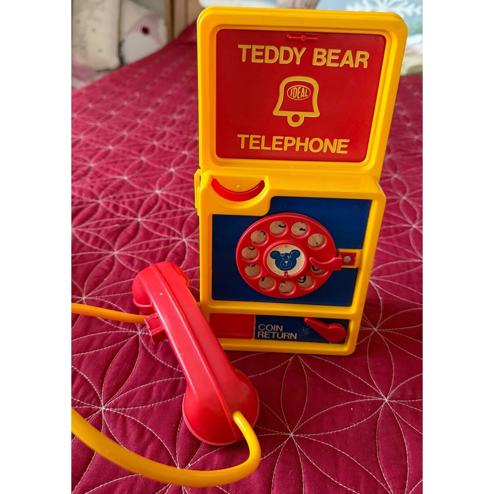 Vintage Ideal Teddy Bear Telephone Play Toy Rotary Dial Coin Return Red Yellow